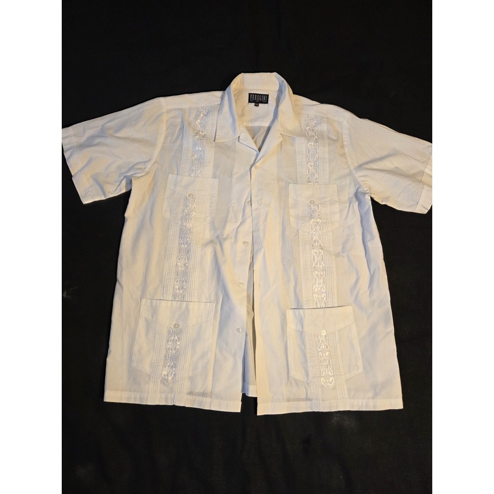 Ferugini Mens XXL White Guayabera Shirt Embroidered 4 Pocket Cuban Short Sleeve